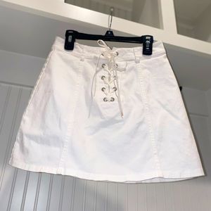 White Mini Denim Lace up Front Zip Back Skirt